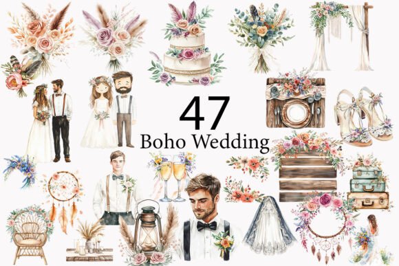 56 Boho Wedding Clipart PNGs for Creative Projects