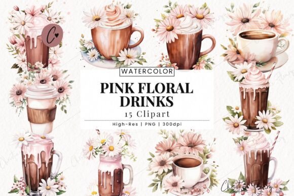 Charming Pink Floral Drinks Clipart for Wedding Designs