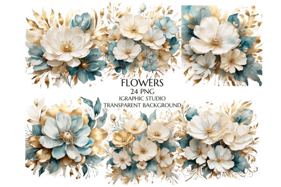 Elegant Teal and Gold Wedding Floral PNGs for Designers